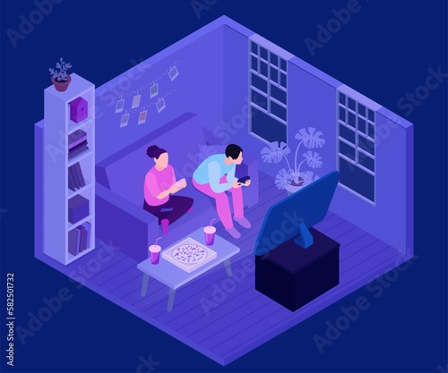 Isometric Gamers Couple Composition