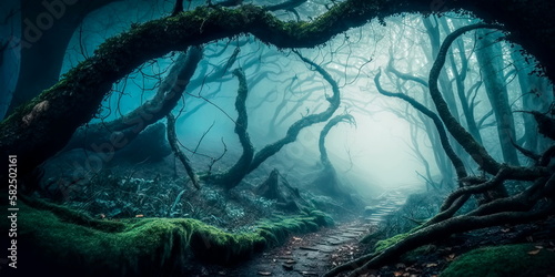 Mystical forest with fog, where fairies and elves live.Generative AI