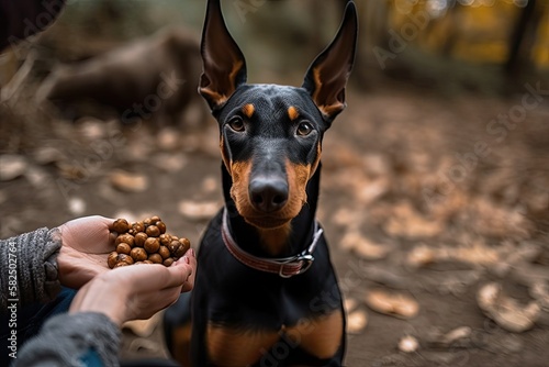Doberman dog snatches food from the mistress's hand. Generative AI