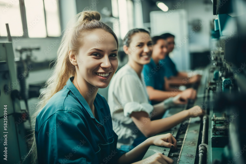 Female factory workers at a generic workplace. Created with Generative AI technology. Female factory workers at a generic workplace. Created with Generative AI technology.