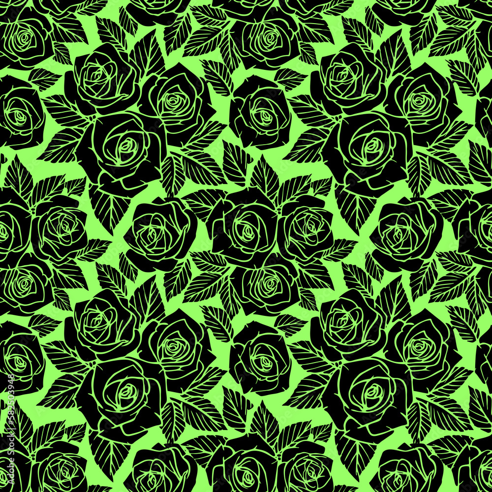 seamless black asymmetric pattern of rose contours on a green background, texture, design seamless black asymmetric pattern of rose contours on a green background, texture, design