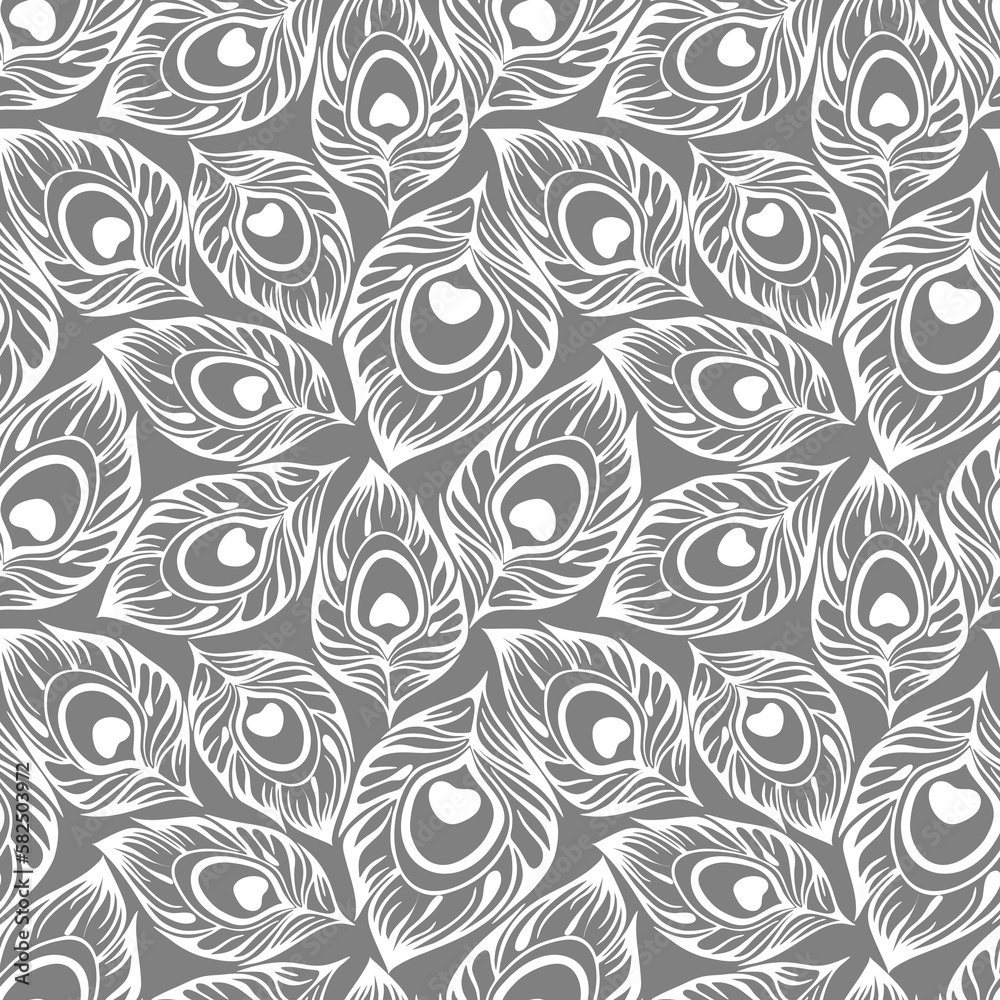 seamless contour pattern of white peacock feathers on a gray background, texture, design