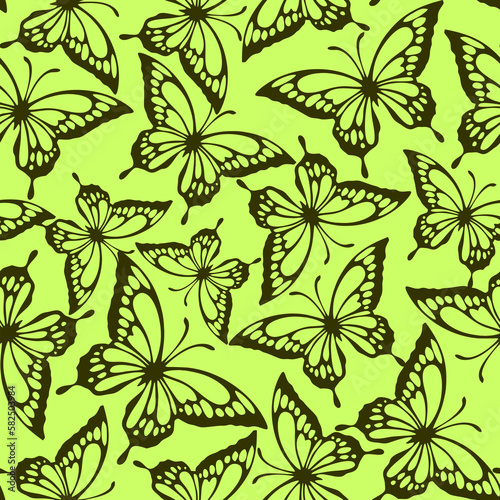 seamless pattern of green contours of butterflies on an olive background, texture, design