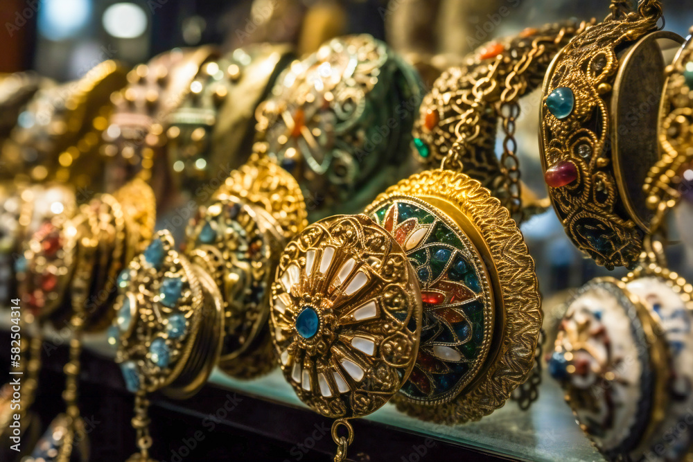 Oriental jewelry in a middle east bazaar. Created with Generative AI technology.
