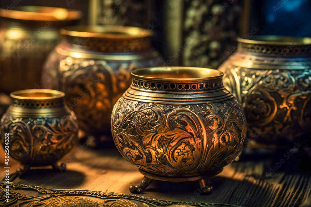 Oriental or ottoman metalwork and craft, filigree pots or lanterns close up in a middle east bazaar. Created with Generative AI technology.