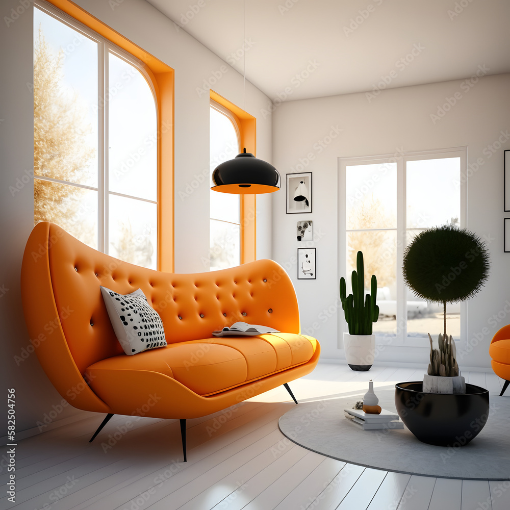 Orange couch in a cozy modern living room interior with big windows ...