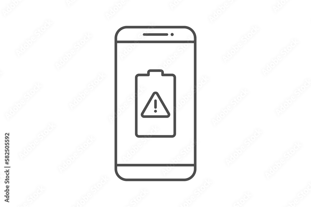 Smartphone battery notification vector line icon sign symbol, smartphone and battery damaged Smartphone battery notification vector line icon sign symbol, smartphone and battery damaged