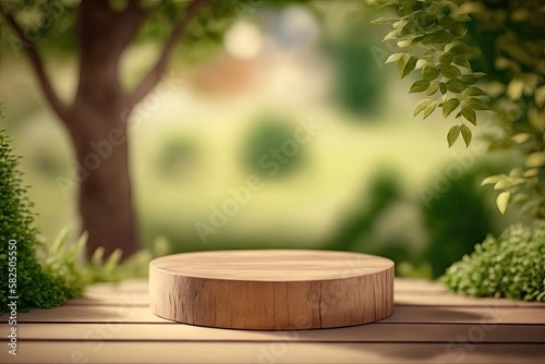 3D Wooden Round Podium Stage For Product With Nature Background Generated AI