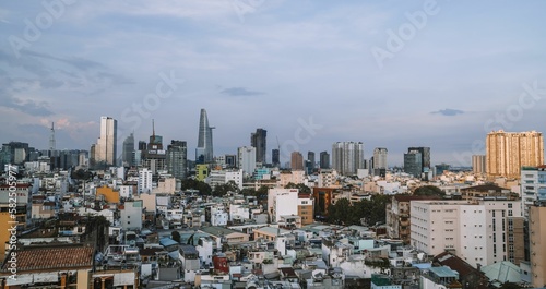 Amazing aerial sunset view of District 1 of Saigon in Ho Chi Minh City  Vietnam
