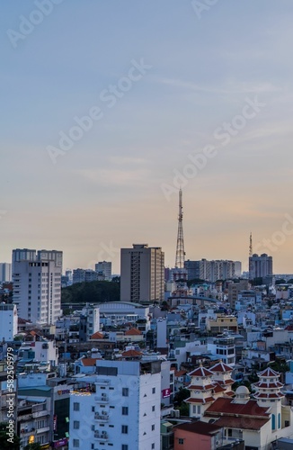 Amazing vertical sunset view of District 1 of Saigon in Ho Chi Minh City, Vietnam