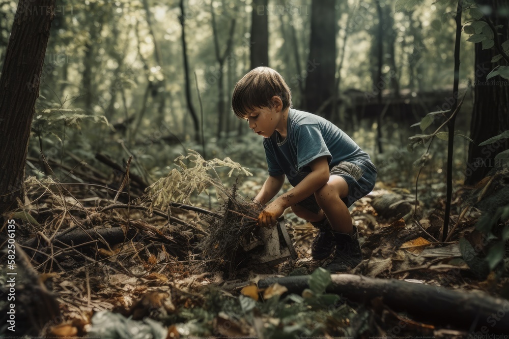 Young boy picking up trash in the dark forest for earth day. Concept of clean planet. Volunteering, charity, people, ecology concept. Generated Ai Young boy picking up trash in the dark forest for earth day. Concept of clean planet. Volunteering, charity, people, ecology concept. Generated Ai