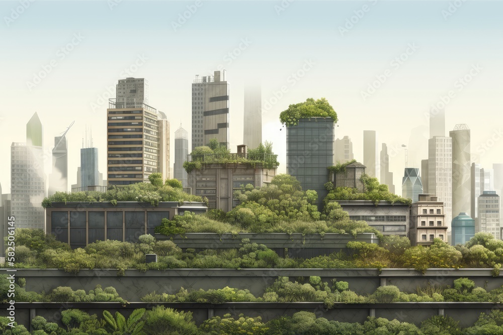 Fototapeta premium City skyline with green rooftops. The concept of Earth Day. Eco, environment protection. Generated Ai