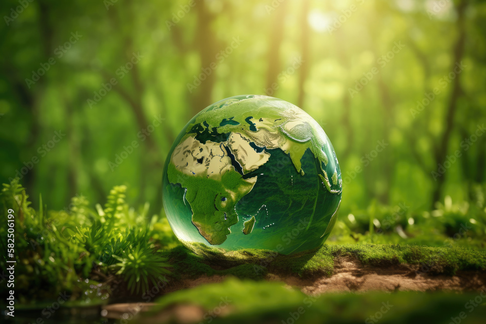 Ball of Earth planet in the forert on blur green background. The concept of Earth Day. Eco, environment protection. Generated Ai Ball of Earth planet in the forert on blur green background. The concept of Earth Day. Eco, environment protection. Generated Ai