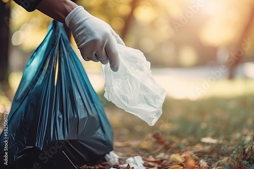 Hands of volunteer collects garbage on a muddy park. Close-up. The concept of Earth Day. Eco, environment protection. ecology concept. Generated Ai photo