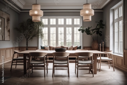 Dining Room, Contemporary Japandi, Minimalist, Scandinavian Interior Design with Clean Lines, Natural Lighting, and Soft Neutral Colors. Hygge architecture. Generative AI