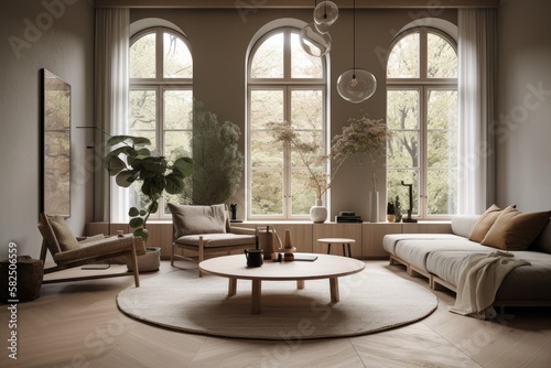 Living Room, Contemporary Japandi, Minimalist, Scandinavian Interior Design with Clean Lines, Natural Lighting, and Soft Neutral Colors. Hygge architecture. Generative AI © Lud Blue