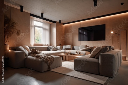 TV Room  Contemporary Japandi  Minimalist  Scandinavian Interior Design with Clean Lines  Natural Lighting  and Soft Neutral Colors. Hygge architecture. Generative AI