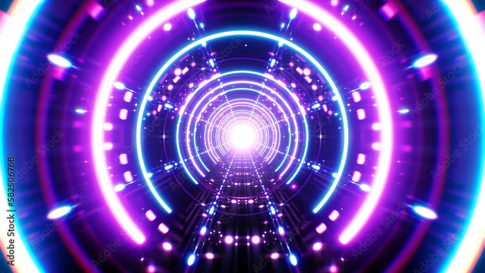 Obraz premium Glowing retro style neon circle tunnel way background