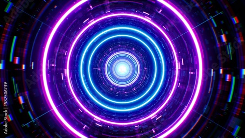 Glow neon purple and blue color circle cyber texture tunnel background