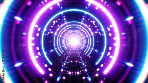 Glowing retro style neon circle tunnel way background