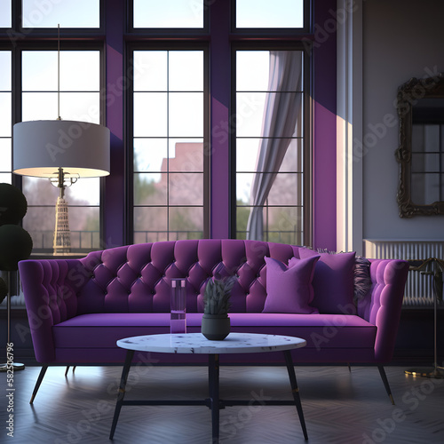 Purple couch in a cozy modern living room interior with big windows  Generative AI 