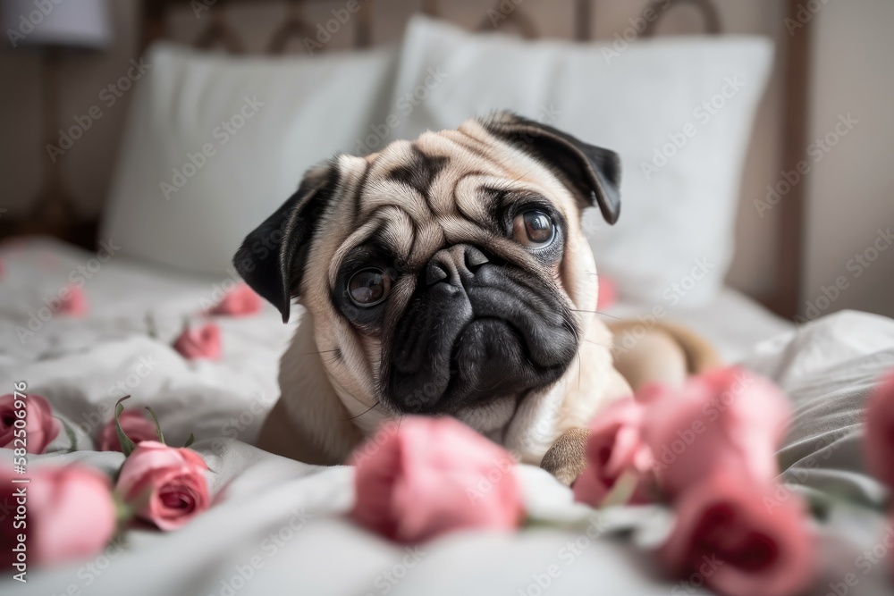 On the bed with a peony bloom was a funny pug dog. Thoughtful congratulations. Generative AI