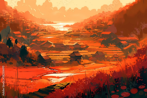 beauty of the Terraced Rice field in afternoon. digital art illustration. generative AI.