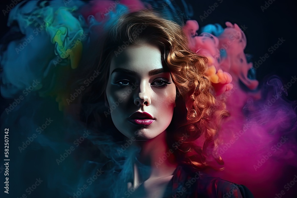 Fashion art portrait of beautiful model, woman in bright neon lights with colorful smoke - generative ai	