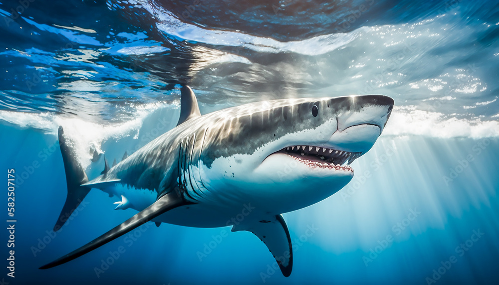 Fototapeta premium white shark swimming in the ocean, Generative AI
