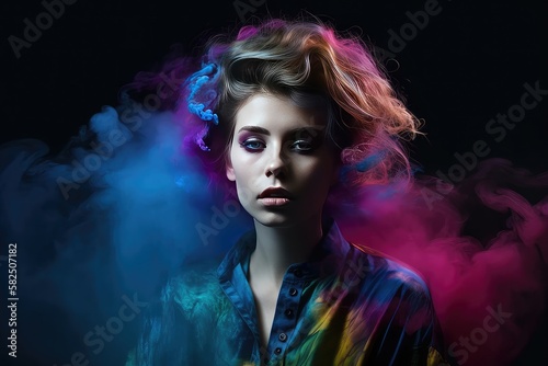 Fashion art portrait of beautiful model, woman in bright neon lights with colorful smoke - generative ai 