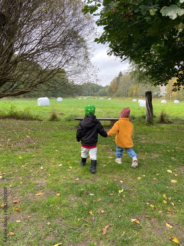 Fototapeta premium View of cute children playing in a green field on a cloudy day