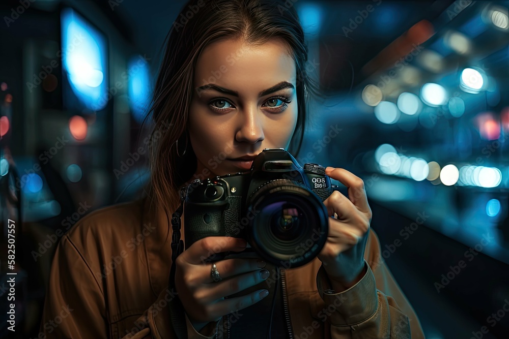 Professional Female photographer a holding digital camera, bokeh city lights background - generative ai