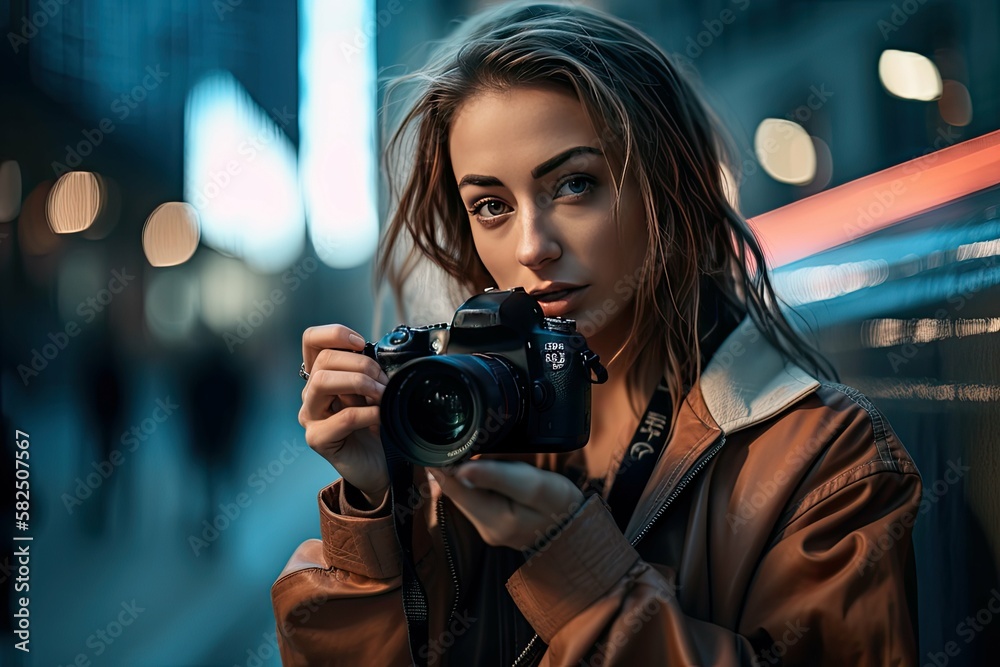 Professional Female photographer a holding digital camera, bokeh city lights background - generative ai Professional Female photographer a holding digital camera, bokeh city lights background - generative ai