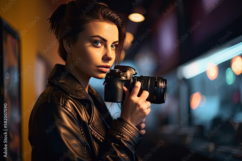 Professional Female photographer a holding digital camera, bokeh city lights background - generative ai Professional Female photographer a holding digital camera, bokeh city lights background - generative ai