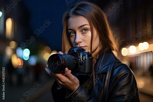 Professional Female photographer a holding digital camera, bokeh city lights background - generative ai