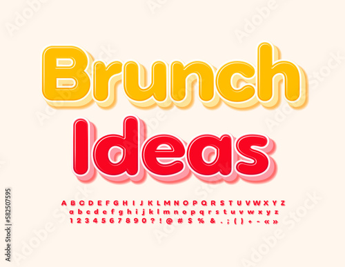 Vector stylish banner Brunch Ideas with 3D red Font. Bright Alphabet Letters, Numbers and Symbols set
