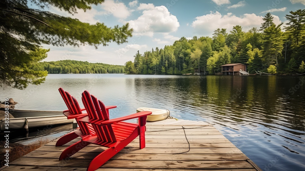 Two red adirondack chairs on a wooden dock on a lake - generative ai - obrazy, fototapety, plakaty 