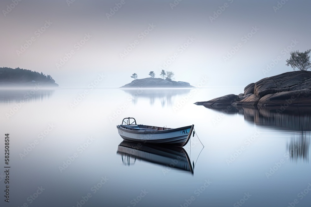 A small fishing boat, backdrop island in the Swedish archipelago, quiet flat water surface - generative ai A small fishing boat, backdrop island in the Swedish archipelago, quiet flat water surface - generative ai
