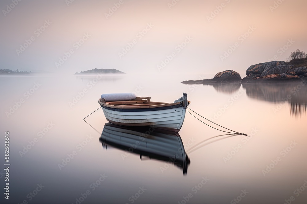 A small fishing boat, backdrop island in the Swedish archipelago