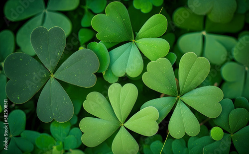 Clover Leaves for Green background with three-leaved shamrocks. st patrick's day background, holiday symbol. Ai generative