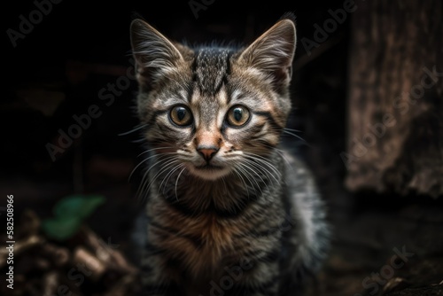 Adorable small kitten with gray stripes is sitting and staring towards the camera. Generative AI © AkuAku