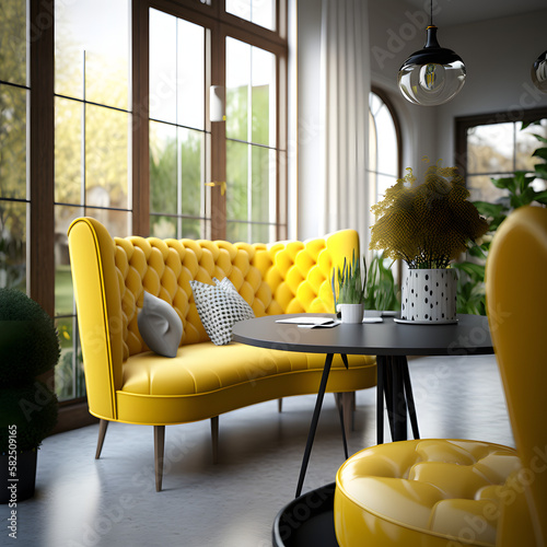 Yellow couch in a cozy modern living room interior with big windows, Generative AI
 photo