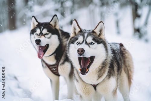 Husky dogs having fun in the snow. Winter games involving barking and biting Siberian huskies. Violent animal behavior. Generative AI