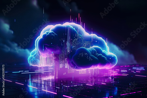 Cloud Storage Server Futuristic Technology Cyber-World 3D AI Illustration: Datacenter with Global Network, and Generated Graphics for IT Services and Cybersecurity. AI Generated Image.