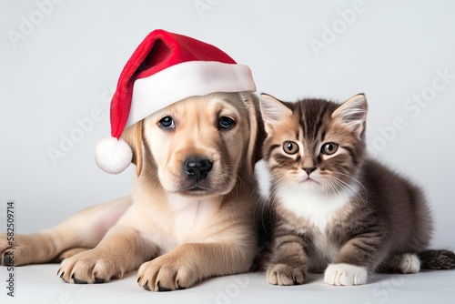 Adorable puppy and kitten wearing Santa hats on a white backdrop. Generative AI © AkuAku