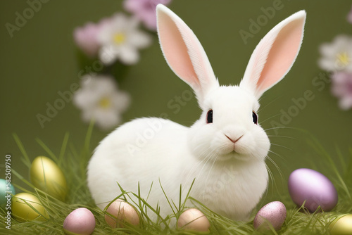 White Rabbit in the green grass with colorful  Easter eggs. Painted eggs. Religious holiday, wallpaper, background. Generative AI