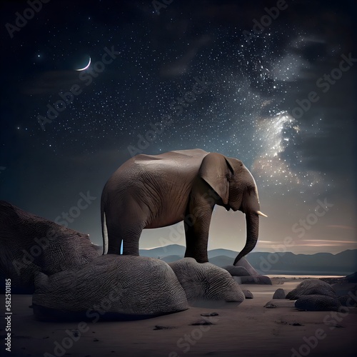 Witness a Lonely Elephant Observing the Night Sky  Capture the stunning beauty of nature with our Adobe Stock image collection featuring a magnificent and awe-inspiring image of a lonely elephant watc