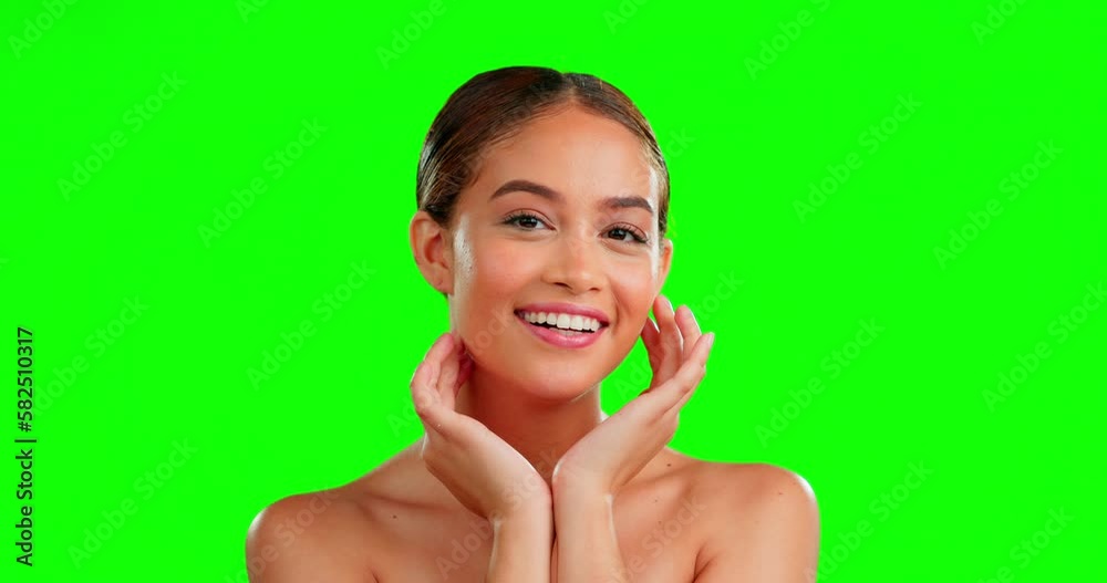 Green screen, makeup and hand on face of woman in studio for beauty and cosmetic care on mockup background. Skincare, portrait and girl model relax with soft, smooth or luxury skin treatment isolated Green screen, makeup and hand on face of woman in studio for beauty and cosmetic care on mockup background. Skincare, portrait and girl model relax with soft, smooth or luxury skin treatment isolated