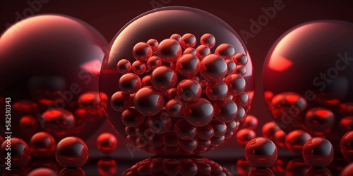 Background of bubbles in red gel. Small bubbles rising in a beaker of liquid.