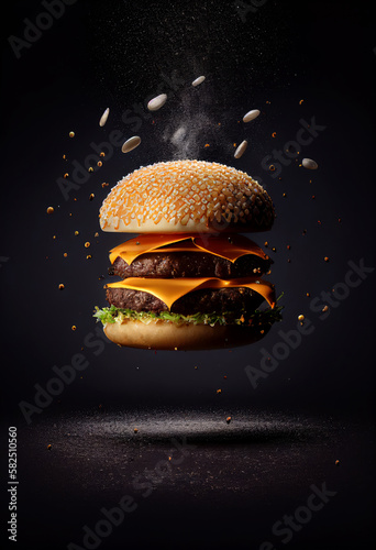 Hot and Fresh tasty delicious grilled hamburger. Ai generated. photo